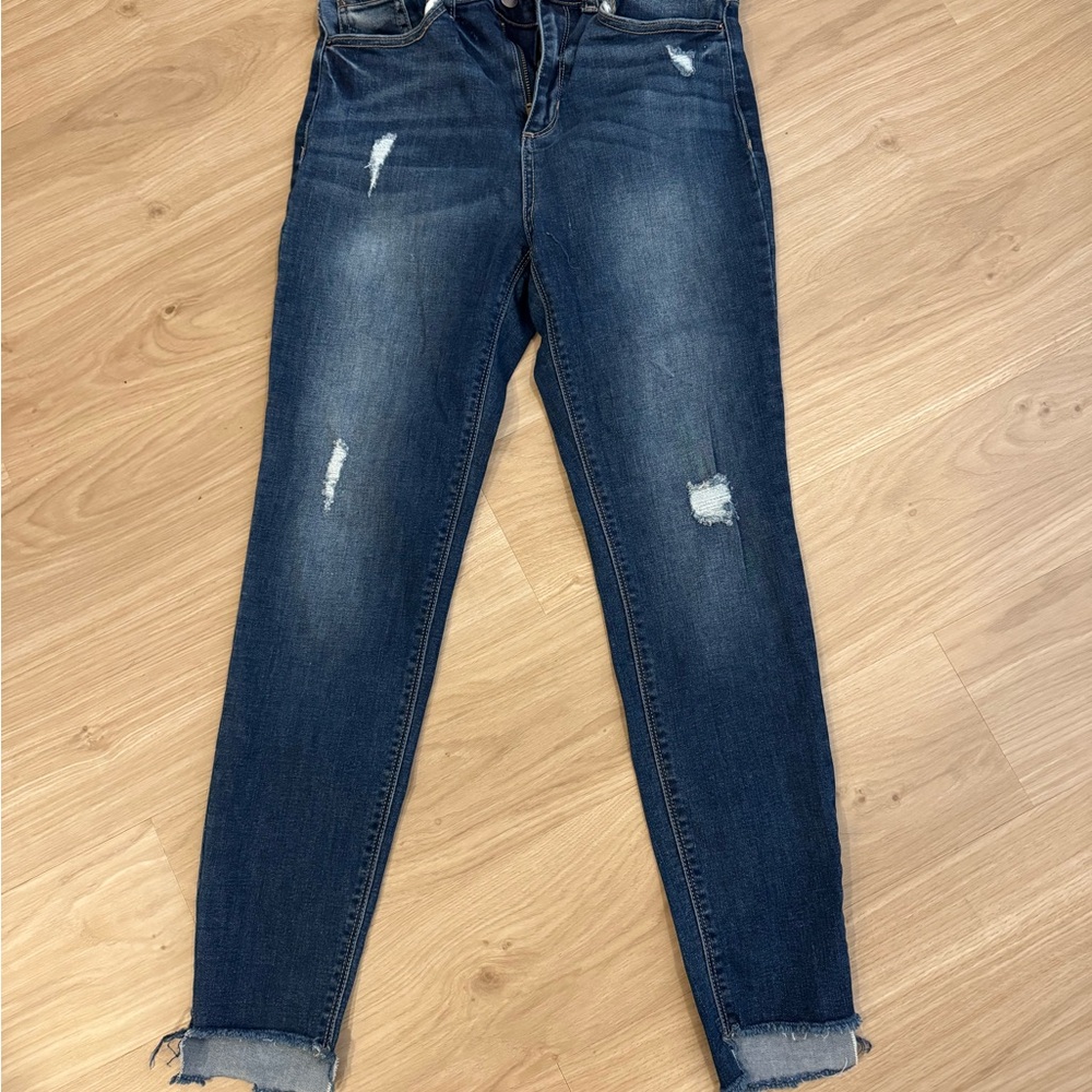 Fashion Nova Dark Blue Distressed Skinny Jeans